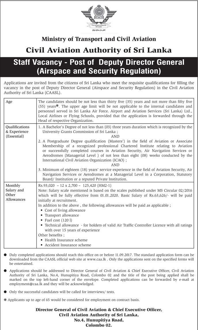 Deputy Director General (Airspace & Security Regulation) - Civil Aviation Authority of Sri Lanka